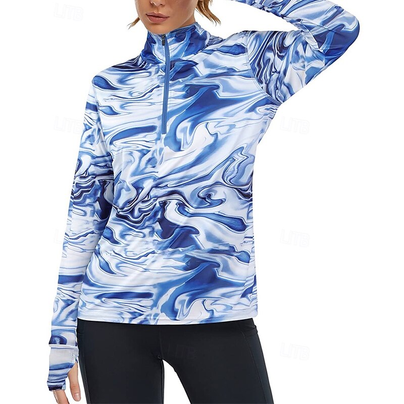 Women's Abstract Art Golf Polo Shirt Tennis Shirt Long Sleeve Print Quarter Zip Pullover UV Protection Elastic Breathable Tennis Golf Pickleball Zip Collar Shirt Polo Black Blue Tennis Clothing2