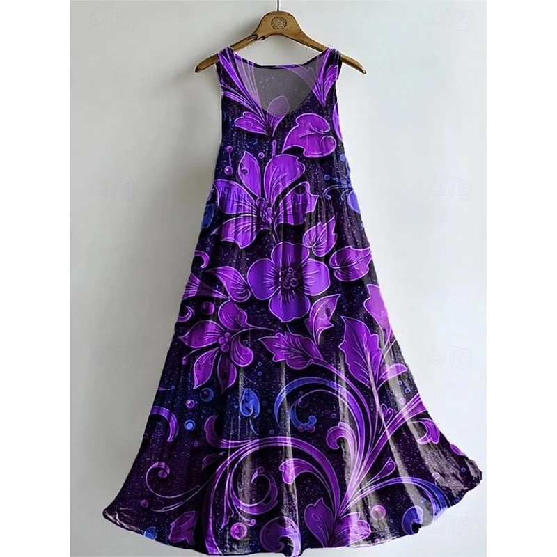 Women's Maxi Dress Sundress A Line Dress Slip Dress Pleated Dress Vacation Casual Boho Party Going out Beach Regular Fit Floral Graphic Dragonfly Sleeveless U Neck Deep Purple Light Purple Purple2
