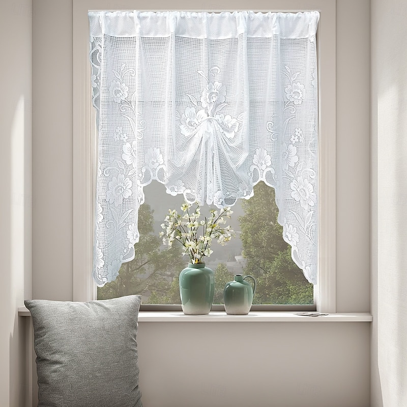 Curtain Drapes Butterfly-Style Pull-Up White Lace Curtains - Jacquard Sheer Drapes for Bay Window, Kitchen, Doorway & Room Divider