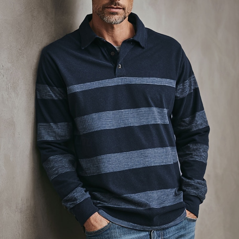 Men's Horizontal Stripes Rugby Polo Long Sleeve Polo Shirts Collared Shirts Sportswear Casual School Outdoor Athleisure 3D Print Buttons Spring Fall Winter Red Blue Brown
