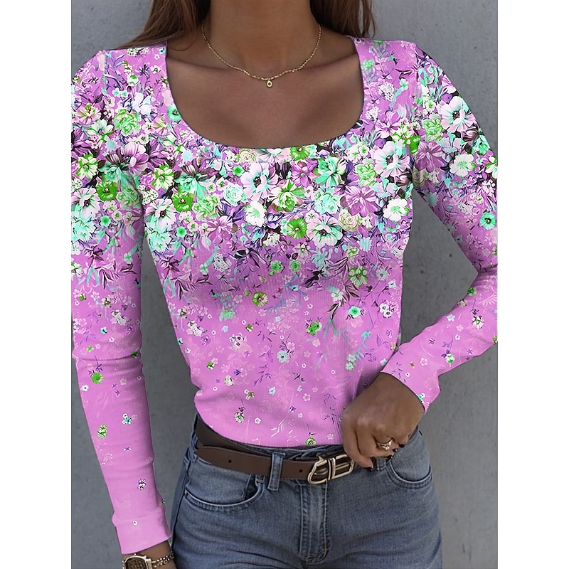 Women's T Shirt Ribbed Graphic Square Neck Long Sleeve Casual Floral Vintage Regular Tops Daily Print Yellow Pink Blue Purple Green Spring Fall3