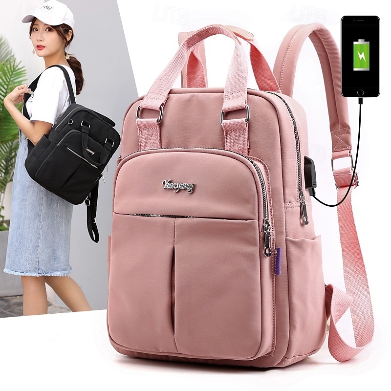 Women's Pink USB Charging Backpack – Stylish Waterproof Travel and School Bag with Laptop Compartment and Luggage Strap3