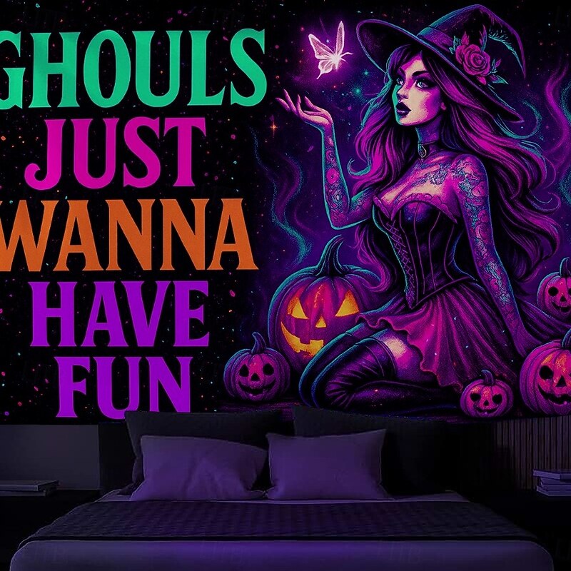 Halloween Blacklight Wall Tapestry – UV Reactive Witch , 'Ghouls Just Wanna Have Fun' Quote, Neon Colors Spooky Scene, Glow in the Dark Gothic Wall Hanging for 2025 Halloween Decoration