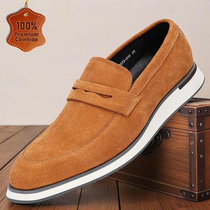 Men's Tan Cowhide Suede Slip-on Loafers with Modern Design Comfortable and Stylish for Office Wear, Casual Outings and Travel