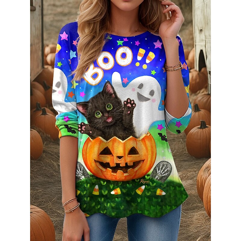 Kayomi Harai Halloween Women's T shirt Pumpkin Crew Neck Long Sleeve Tunic Graphic Animal Cat Casual  Round Neck Regular Tops Daily Weekend Print Orange Fall