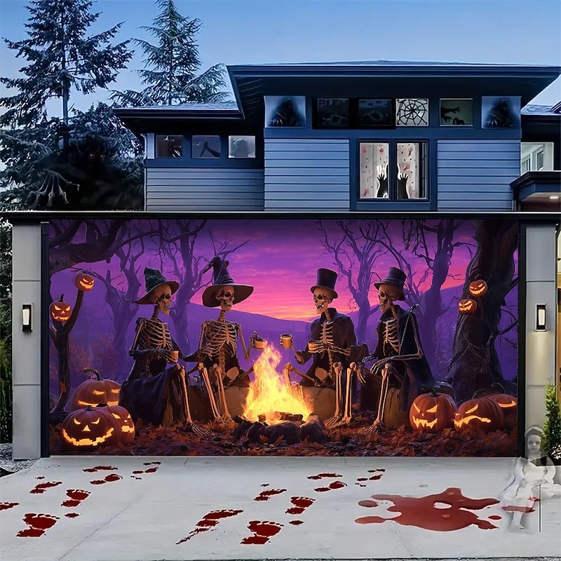 Halloween Garage Door Cover Neon Skeletons Witches Gathering Around Fire Banner, Glowing Blacklight Backdrop Decoration for Holiday Outdoor Garage Door and Home Wall, 2025 Halloween Decorations4