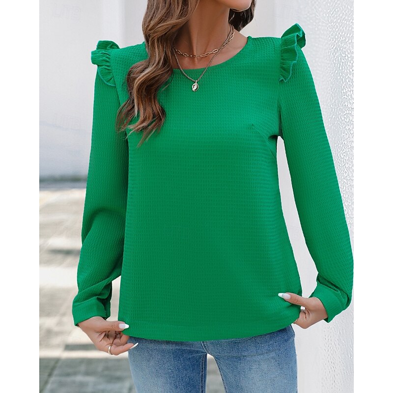 Women's Texture Blouse Blouse Plain Modern Casual Long Sleeve Crew Neck Regular Tops Daily Holiday Ruffle Green Fall3