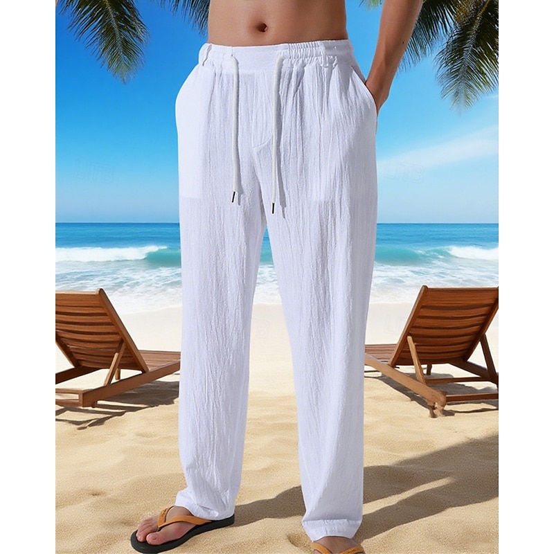 Men's Linen Pants Trousers Summer Pants Beach Pants Pocket Elastic Waist Drawstring Plain Comfort Breathable Vacation Daily Holiday Hawaiian Boho Dark Khaki Black2