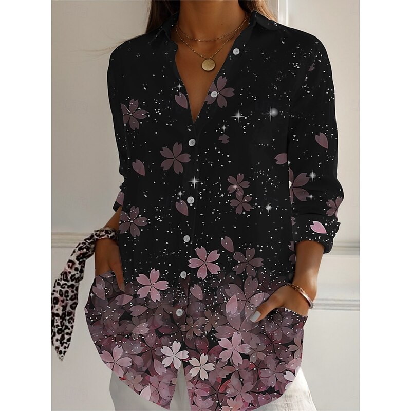 Women's Shirt Floral Active Daily Stylish Long Sleeve Shirt Collar Regular Tops Daily Holiday Buttons Print Black Spring Fall