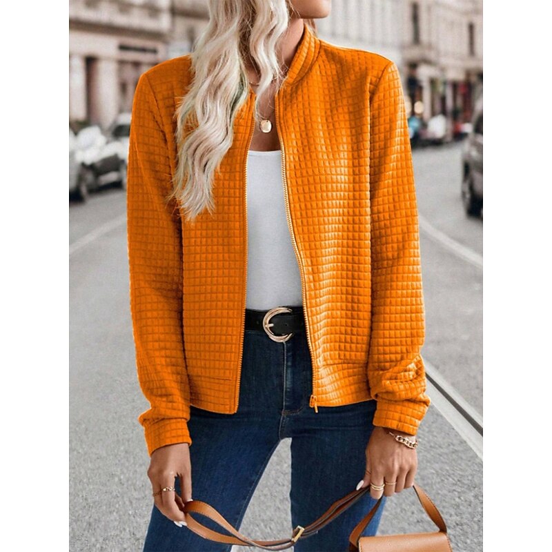 Women's Bomber Jacket Casual Jacket Comfortable Breathable Zipper Casual Plain Vacation Street Casual Daily Wear Zipper Short Stand Collar Regular Fit Long Sleeve Outerwear Black Orange Army Green