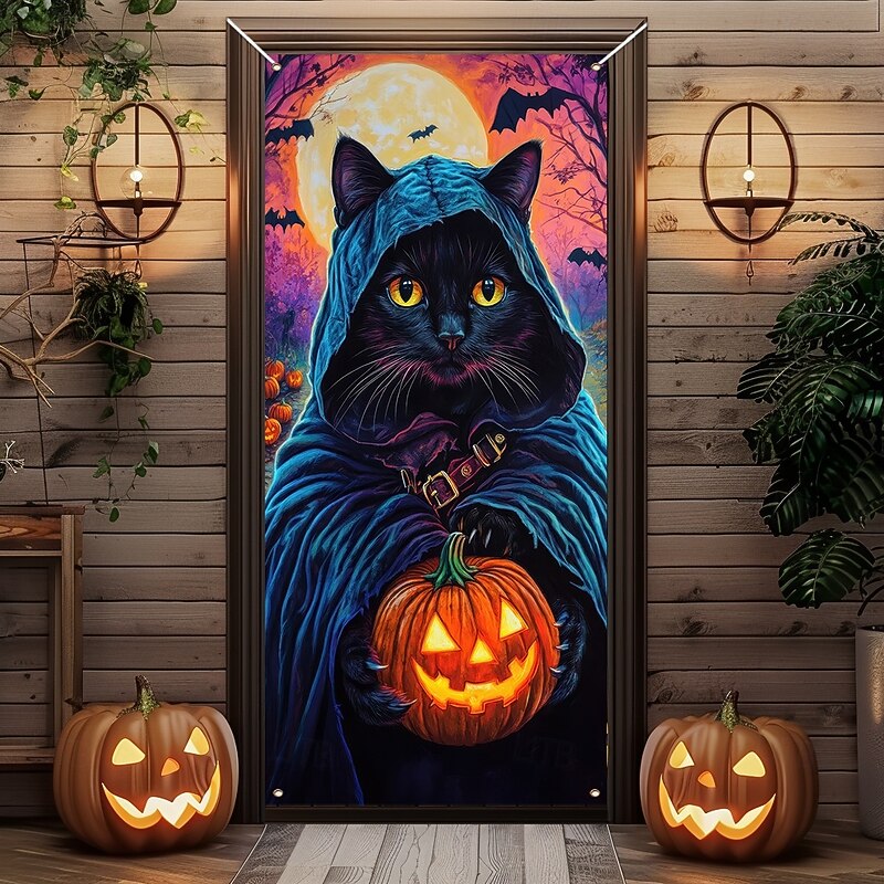 Halloween Door Cover Outdoor Banners Pumpkin Cat Psychedelic Dark Punk Gothic Style Party Outdoor Shooting Backgrounds Front Door Wall Porch Home Decor3
