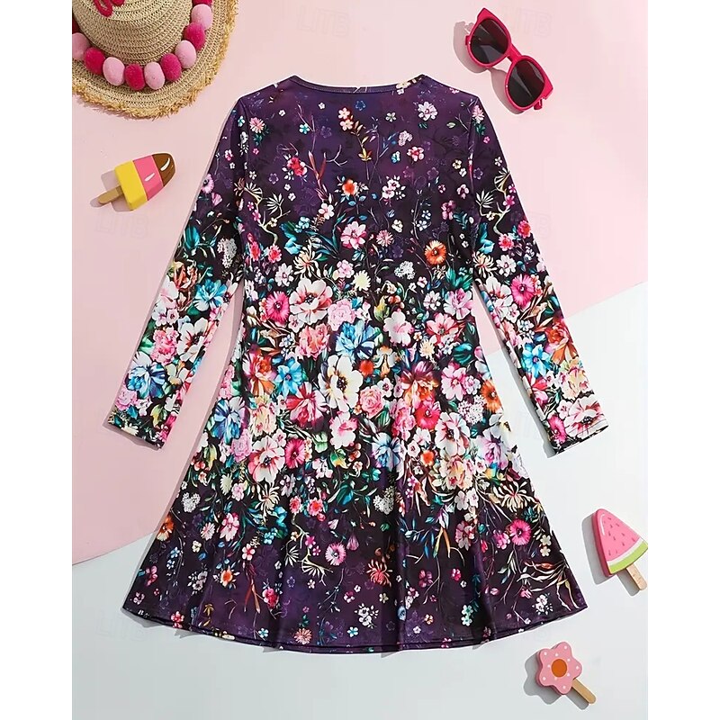 Girls' 3D Graphic Flower Dress Long Sleeve Summer Spring Vacation Daily Holiday Princess Beautiful Sweet Kids 4-12 Years Casual Dress A Line Dress Knee-length Regular Fit2