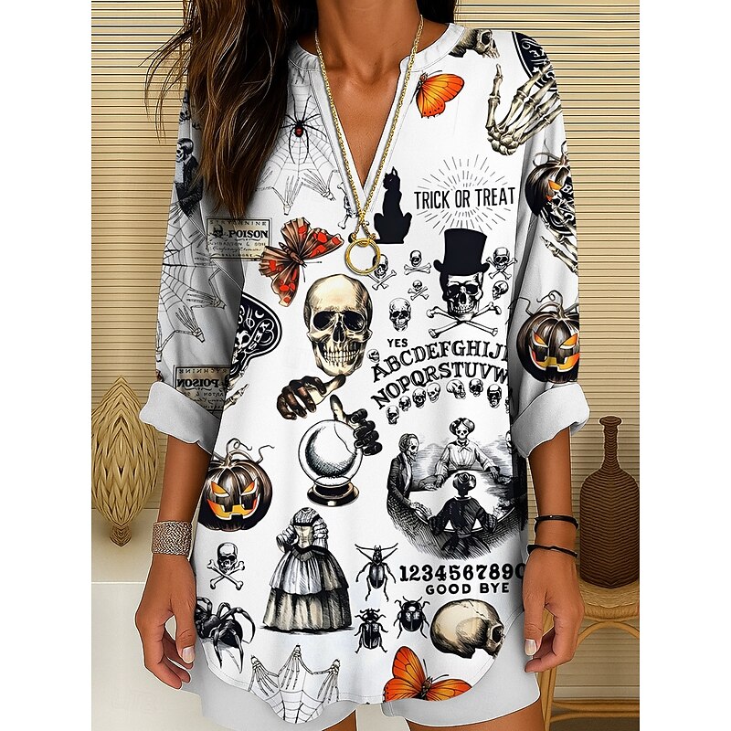 Halloween Women's Blouse Skulls Print Tunic V Neck Long Sleeve Boho Casual Heart LOVE Graphic Vintage Stylish Regular Tops Daily Print Black White Orange Fall4