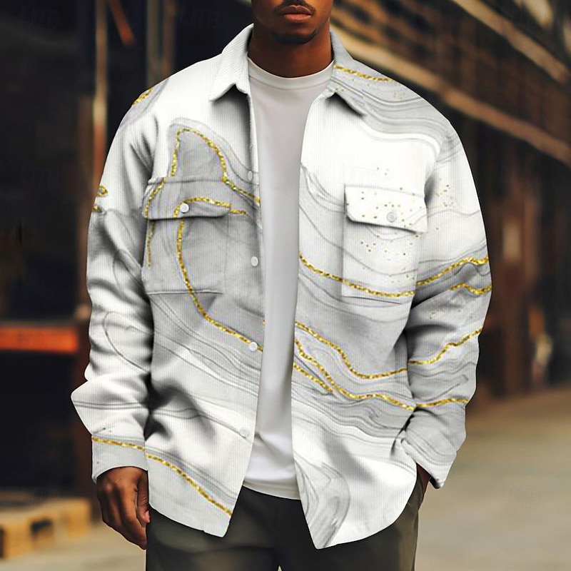 Men's Marble Abstract Liquid Art Corduroy Shirt Shacket Shirt Jacket Long Sleeve Casual Outdoor Dailywear Fall Winter Turndown Button-Down Warm Jacket with Flap Pockets White Yellow Blue Dark Blue