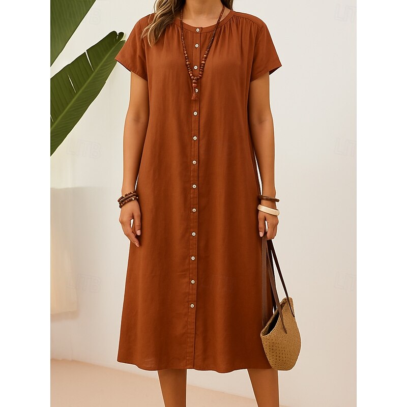 Women's Midi Dress Cotton Dress Summer Dress Casual Daily Regular Fit Plain Short Sleeve Crew Neck Black Brown Apricot Summer