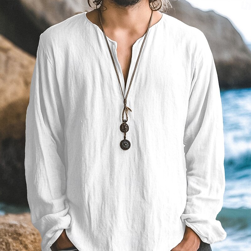 Men's Shirt Linen Shirt Summer Shirt Beach Shirt Solid Color Vacation Casual Black White Green Khaki Long Sleeve V Neck All Seasons Clothing Apparel Basic4