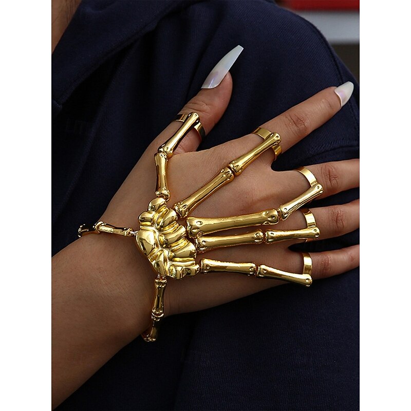 Women's Halloween Alloy Skeleton Hand Bracelet – Adjustable Punk Gothic Style Finger Rings for Parties and Cosplay2