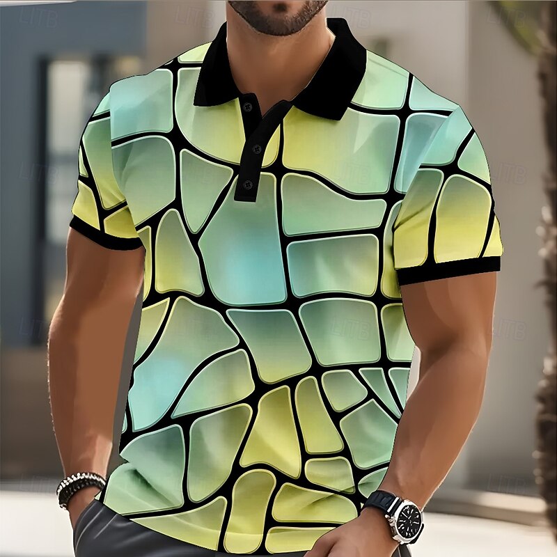 Men's Abstract Geometic Polo Short Sleeve Polo Shirts Collared Shirts Casual Street Athleisure Daily Wear 3D Print Buttons Summer Yellow Blue Purple4