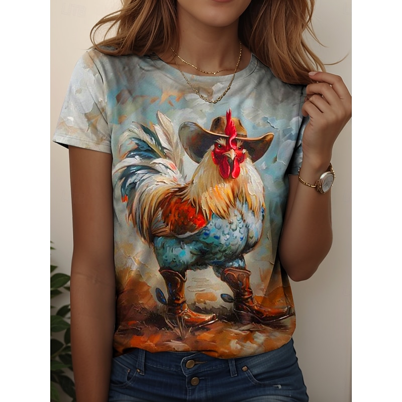 Women's T Shirt Graphic Animal Rooster Vintage Stylish Casual Short Sleeve Crew Neck Regular Tops Daily Weekend Print Yellow Blue Dusty Blue Summer Spring3