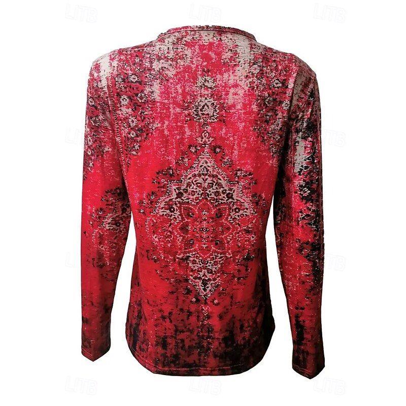 Women's T shirt Long Sleeve Quarter Zip Long Sleeve Casual Graphic Color Gradient Abstract Bohemia Vintage Stylish V Neck Regular Tops Daily Red Fuchsia  Spring Prefall3