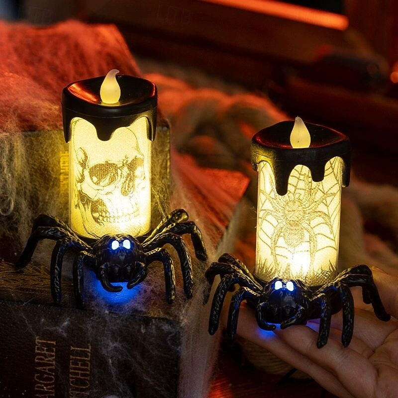 2PCS Halloween Skull Glowing Spider Light Holiday Party Decoration Ornaments LED Candle Halloween Night Light