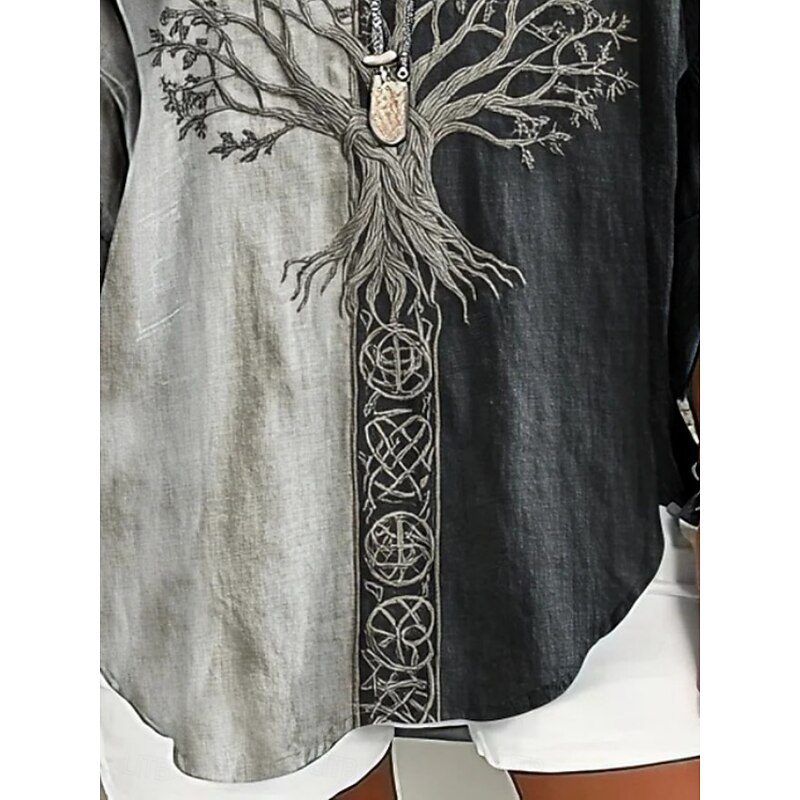 Women's Blouse Graphic Vintage Daily Casual  Long Sleeve V Neck Regular Tops Tribal Tree Of Life Vintage Designer Basic Print Vacation Street Going out Daily Holiday Buttons Print Gray Spring Fall2