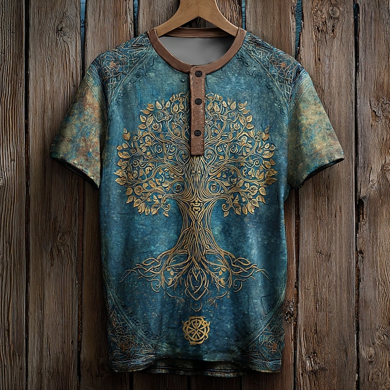 Men's Graphic Tree T Shirt Henley Shirt Short Sleeve Designer Retro Vintage Casual Street Casual Daily Summer Spring All Seasons Blue Purple Brown Henley Henley T-Shirt