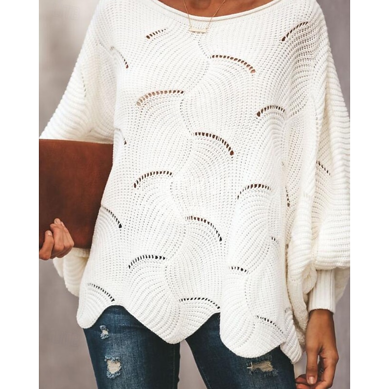 Women's Sweater Pullover Casual Soft Solid Color Ribbed V Neck Hollow Out Knitted Long Sleeve Regular Tops Knit Outdoor Holiday Going out Black White Fall