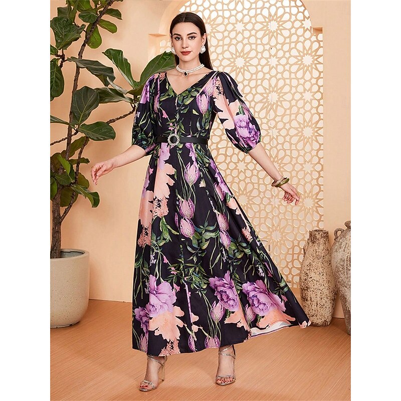 A-Line Mother of the Bride Dress Elegant V Neck Floor Length Chiffon Half Sleeve with Sash / Ribbon Floral Print3