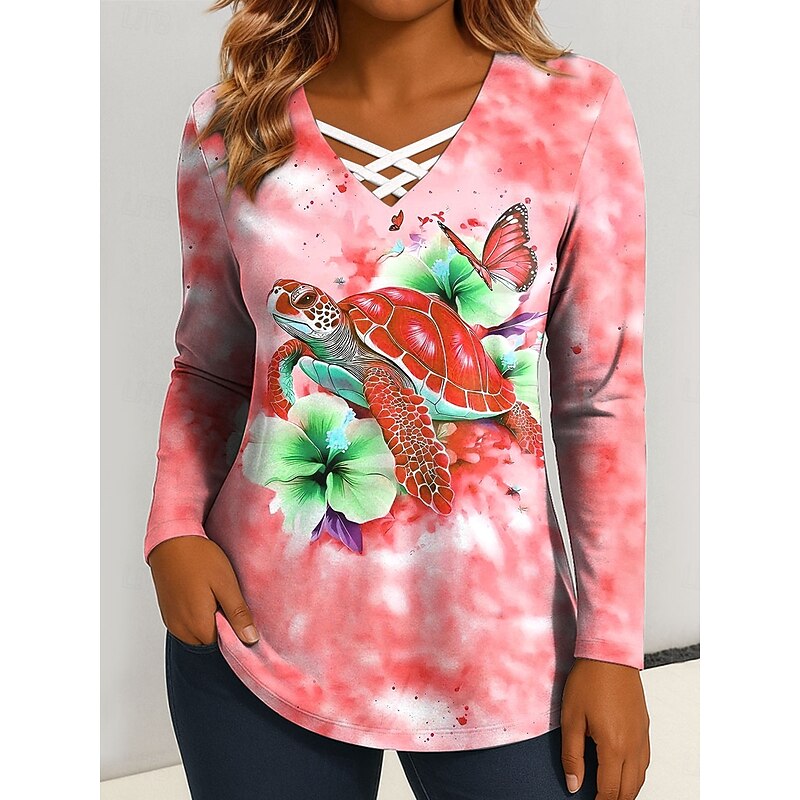 Women's T Shirt Graphic Animal Sea Turtle Vintage Stylish Classic Long Sleeve V Neck Regular Tops Daily Cut Out Print Red Blue Fuchsia Green Spring Fall3