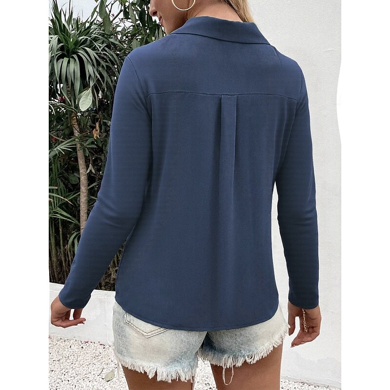 Women's Shirt Button Down Blouse Solid Color Stylish Casual Long Sleeve V Neck Regular Tops Daily Buttons Black White Blue Fuchsia Summer Spring2