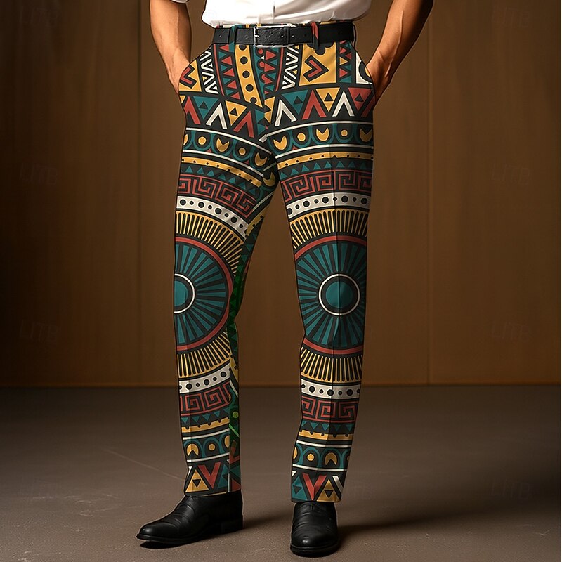 Men's Dress Pants Trousers Suit Pants Geometric Ethnic Full Length Outdoor Casual Retro Vintage Dark Green Dark Blue Micro-elastic