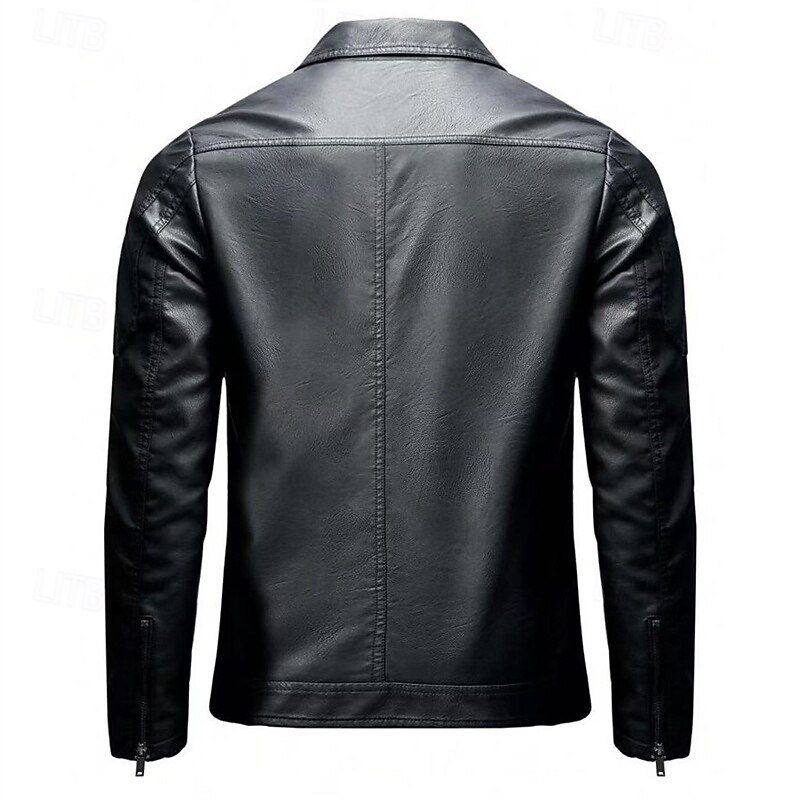 Men's Faux Leather Jacket Biker Jacket Motorcycle Jacket Vacation Daily Windproof Warm Pocket Fall Winter Plain Fashion Classic Lapel Regular Black Jacket2