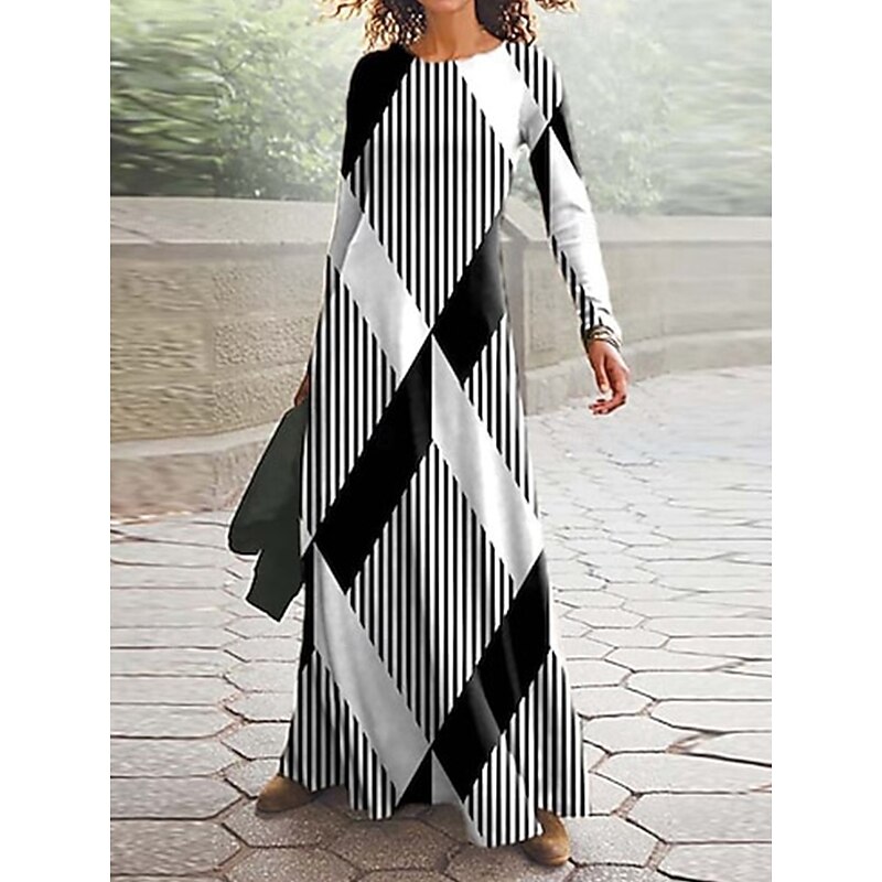 Women's Maxi Dress Vintage Bohemian A Line Dress Crew Neck Long Sleeve Casual Daily Regular Fit Graphic Geometric Black Red Orange Spring Fall Winter3