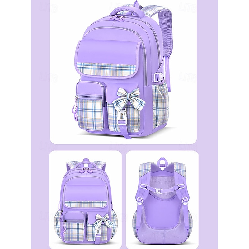 Children's Waterproof Large Capacity School Backpack – Lightweight Plaid Design, Comfortable Shoulder Straps, Ideal for Girls' Daily School, Travel and Outdoor Activities3