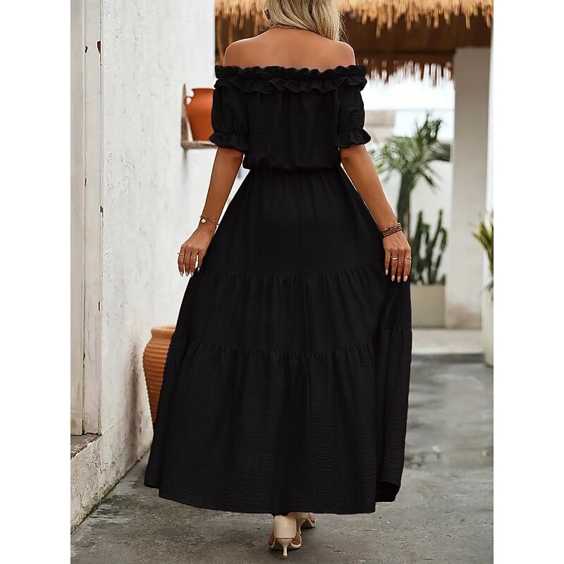 Women's Long Dress Maxi Dress Swing Dress Summer Dress Elegant Going out Summer Dress Regular Fit Pure Color Short Sleeve Off Shoulder Black Red Rose Red Apricot Summer4