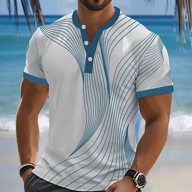 Men's Abstract Geometrical T Shirt Henley Shirt Short Sleeve Designer Retro Vintage Casual Street Casual Daily Summer Spring Lake blue Black Red Navy Blue Henley Henley T-Shirt