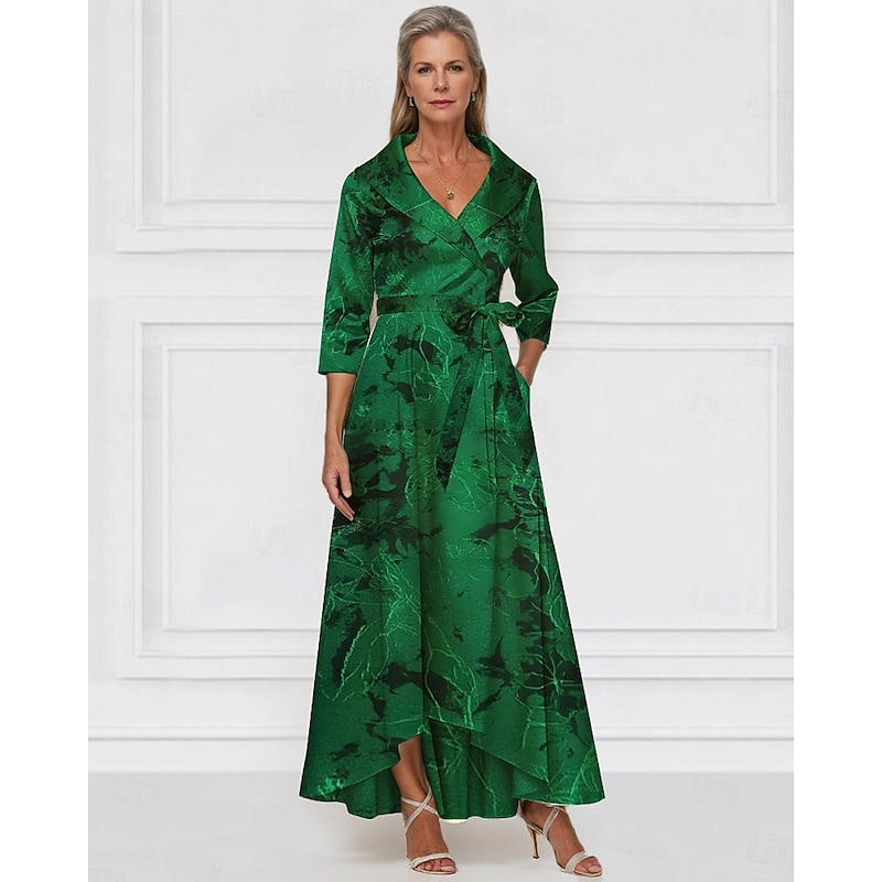 Jacquard Brocade A-Line Mother of the Bride Evening Gown Elegant Dress Formal Wedding Guest Floor Length Long Sleeve V Neck Pocket Nylon with Bow(s) Strappy