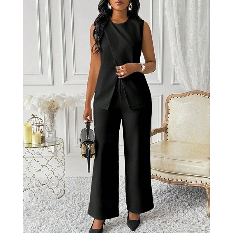 Women's Elegant Fashion Pants Sets Bolero Top Sleeveless Crew Neck Solid Color Vacation Casual Daily Black White Red Summer Regular Fit2