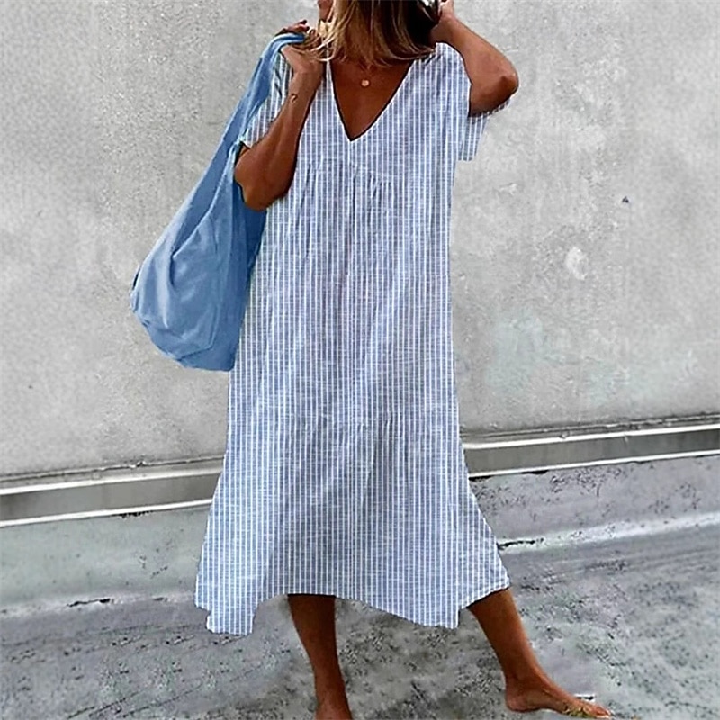 Women's Midi Dress Casual Dress Summer Dress Fashion Modern Daily Beach Weekend Regular Fit Striped Short Sleeve V Neck Blue Summer Spring Fall
