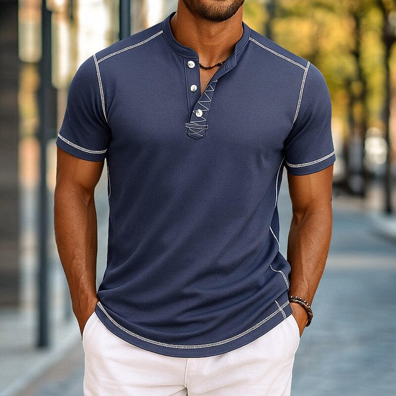 Men's T Shirt Henley Shirt Tee Short Sleeve Shirt Short Sleeve Crewneck Henley Summer Spring &  Fall Plain Fashion Designer Basic Plain Vacation Street Casual Black Dark Navy khaki Top Tee for Men2