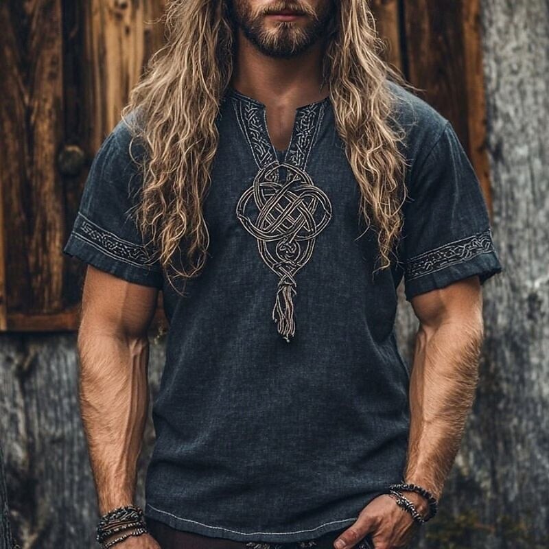 Men's Shirt Casual Shirt Viking Vacation Hawaiian Dark Blue Short Sleeve V Neck Summer Spring Clothing Apparel Ethnic