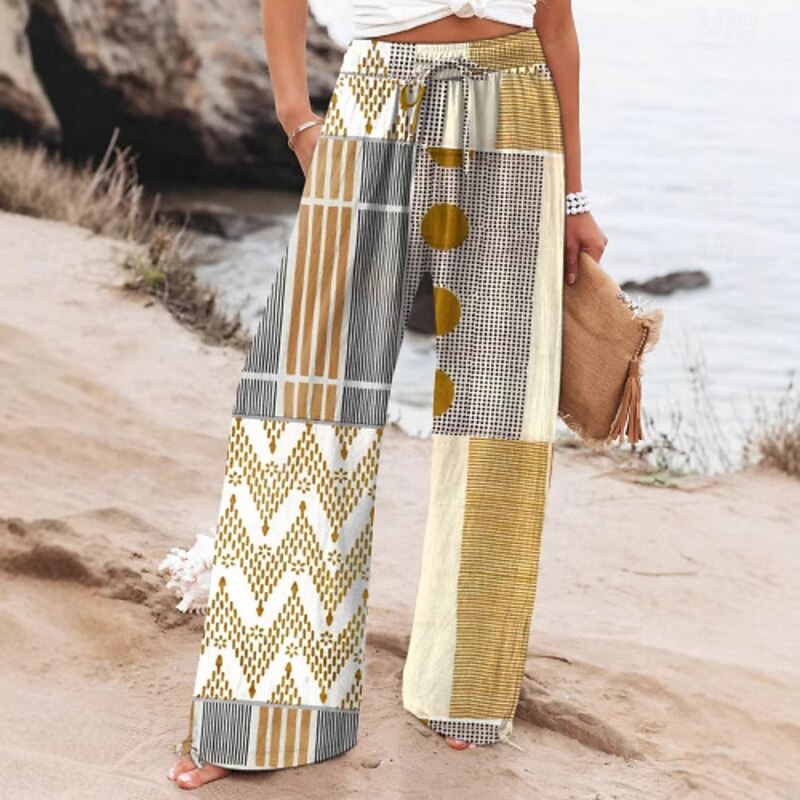 Women's Culottes Wide Leg Wide Leg Chinos Vacation Vintage Ethnic Style Full Length High Waist Graphic Geometric Abstract Quick Dry Breathability Soft Inelastic Formal Outdoor Vacation Black Blue2