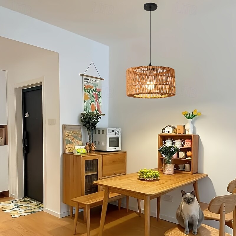 Country Vintage Pendant Light, Metal Braided Rattan Ropel, 17cm Height, Warm White/White Light, E26 E27, Adjustable Chain, for Kitchen Island Dining Room Bedroom Restaurant4