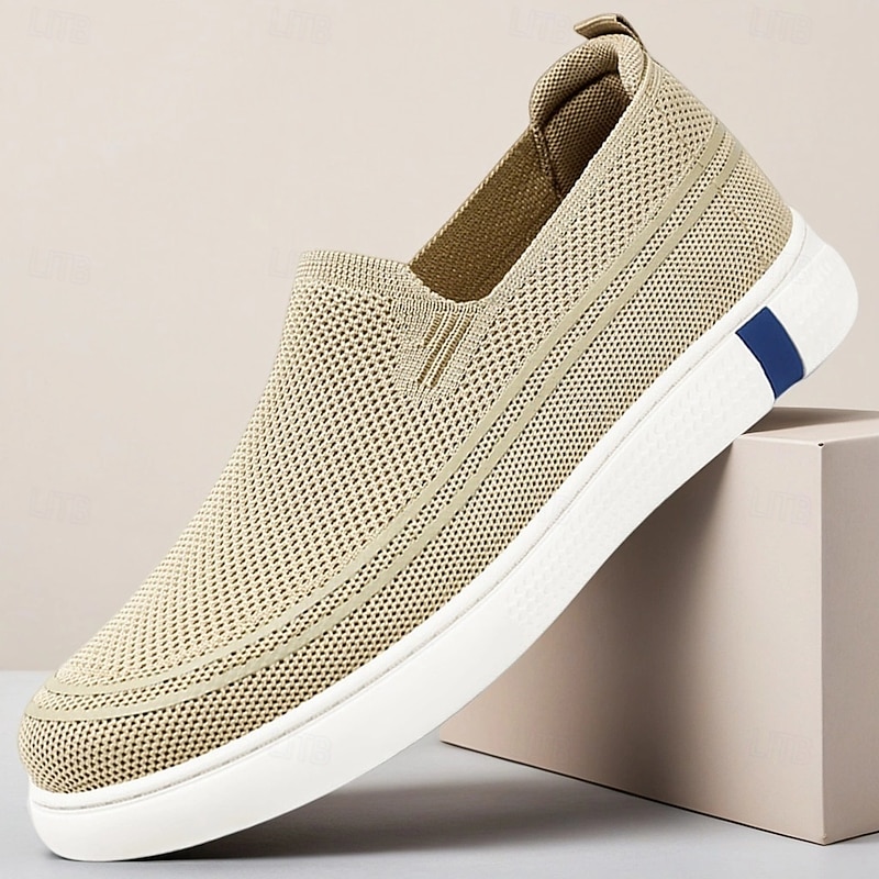 Men's Beige Knit Slip-On Sneakers – Breathable Lightweight Casual Shoes for Summer, Walking and Vacation