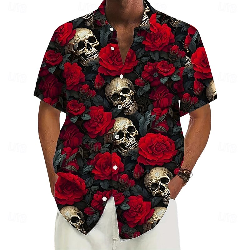 Men's Halloween Costumes Day of the Dead Rose Shirt Summer Shirt Button Up Shirt Short Sleeve Dark Punk Gothic Style Holiday Streetwear Summer Turndown 3D Print Front One Pocket Linen Like Shirt Black