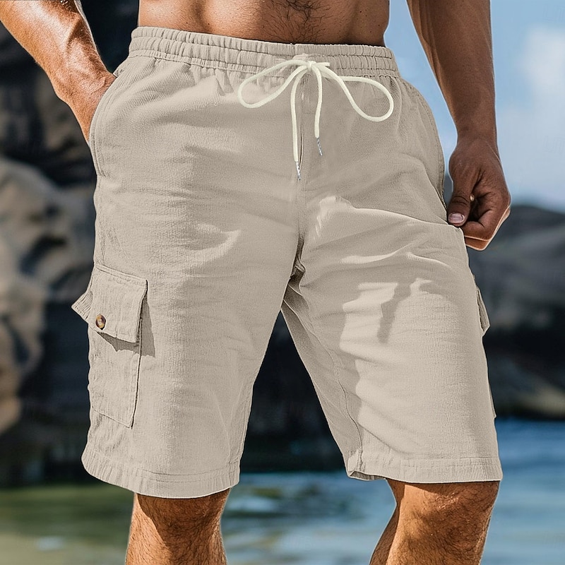 Men's Cargo Shorts Corduroy Pants Sweat Shorts Shorts Bermuda shorts Elastic Waist Plain Comfort Sports Knee Length Outdoor Yoga Casual Vacation Ethnic Style Black White Inelastic