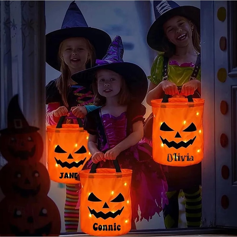 Personalized Halloween LED Light Pumpkin Bucket Custom Name Trick-or-Treat Candy Bag, Custom Name Lantern Gift Bag for Kids, Party Favors