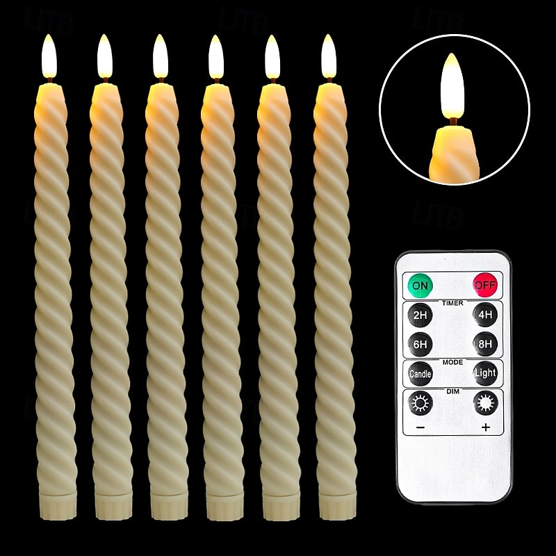 6 Pcs 25.5CM Halloween Christmas Rotating Thread LED Long Rod Simulation Electronic Candle Light Indoor and Outdoor Restaurant Party Wedding Atmosphere Decorative Light AAA Battery Remote Control