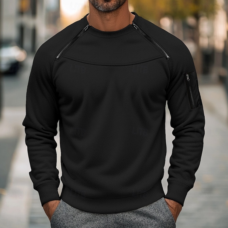 Men's Zip Sweatshirt Fleece Hoodie Yellowish brown Black Army Green Navy Blue Brown Round Neck Plain Zip Up Front Pocket Tactical Sports & Outdoor Casual Streetwear Cool Sportswear Fall & Winter2